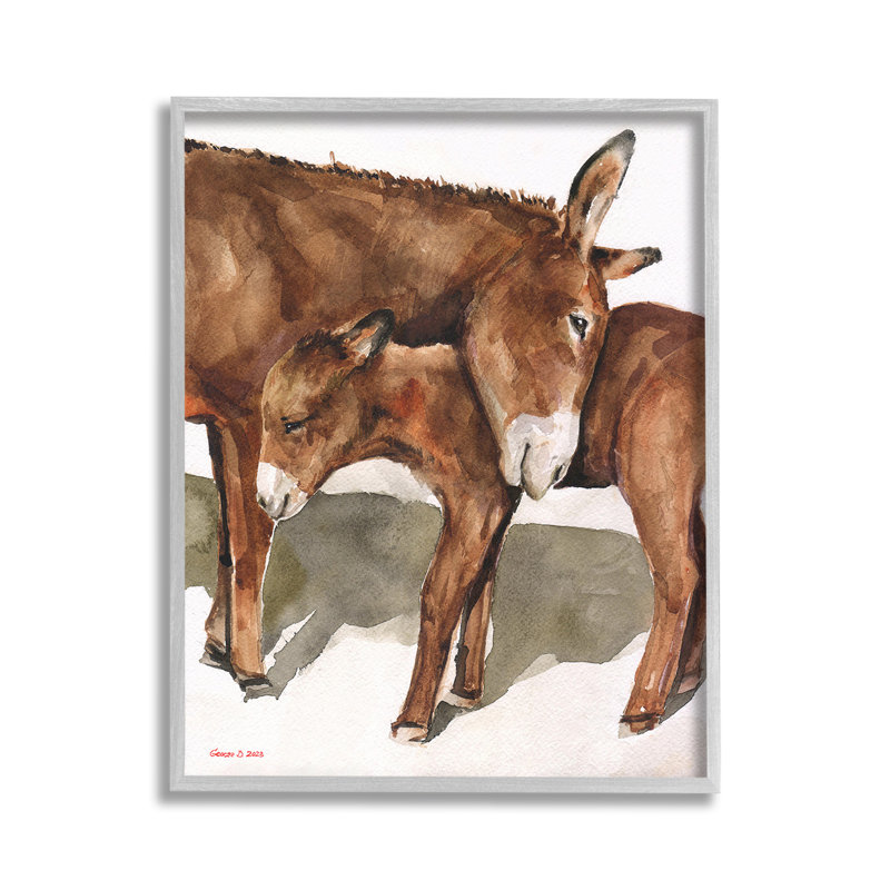 «Cuddling Donkey & Foal», art de la giclée encadrée par GeorgeDyachenkoArt, H 14 po x l 11 po, Estampe numérique Farmhouse