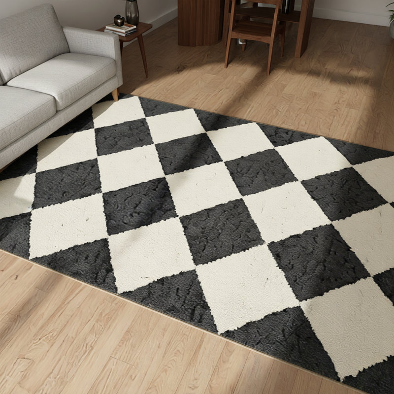 Black Cream Checkered Geometric Woven Base Washable Carpet, Rectangle 4'8" x 6'7"
