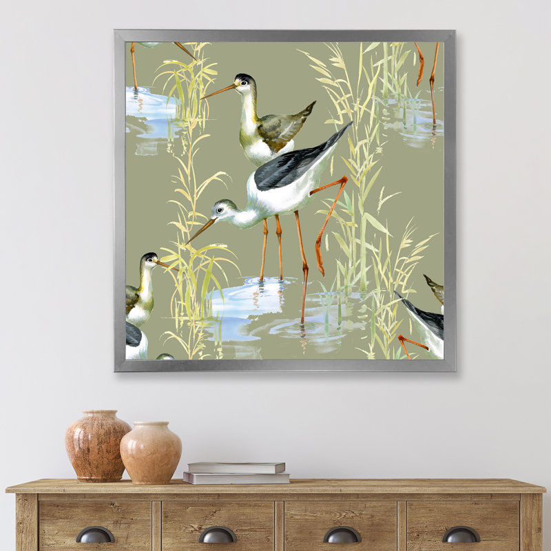 Herons, oiseaux dans l'eau - Peinture sur toile encadrée, H 30 po x l 30 po x P 1 po, Encadrement argenté