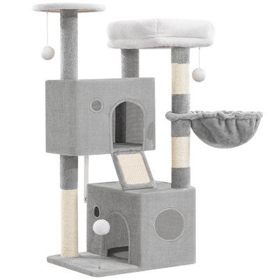 Cat Tree for Indoor Cats, 108 cm Multi-level Cats Tower with Cat Scratching Posts, 2 Cozy Condos, Top Resting Platform, Pompoms, Basket, Scratching Board 