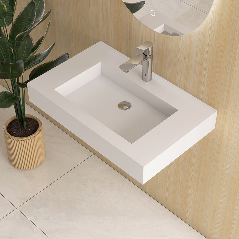 30" Wall Mounted Bathroom Sink Solid Surface Sink, White