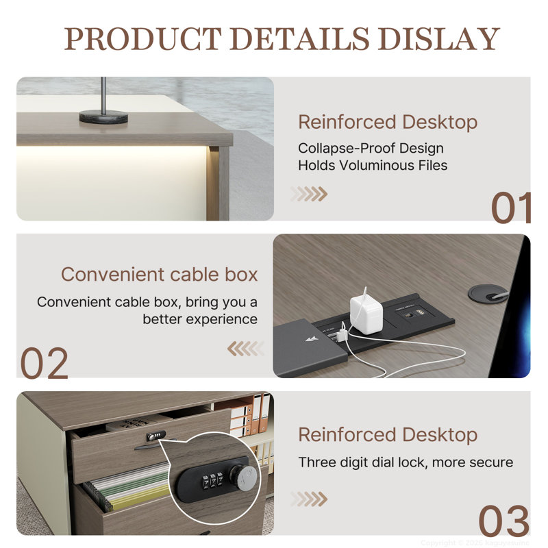 L-Shaped Executive Desk With Digital Lock & Cable Management System, Left Hand Return, Wenge/White, 29.9" H x 78.7" W x 63" D