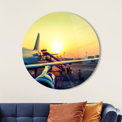 Tempered Glass Wall Art Featuring A Majestic Aircraft At An Airport During Sunset