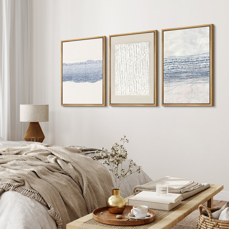 Geometric Line Blue Grunge Abstract Modern Neutral Pictures Frame Canvas 3 Piece Print Wall Art, Natural Framed