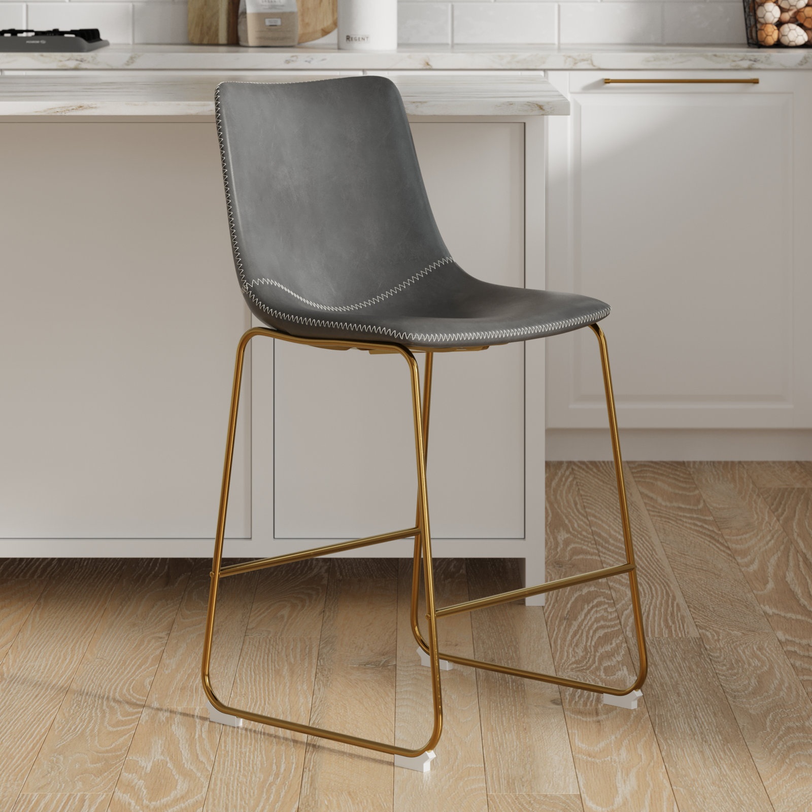 Nia Vegan Leather Bar & Counter Stool, Counter Stool (24" Seat Height), Gray, Gold