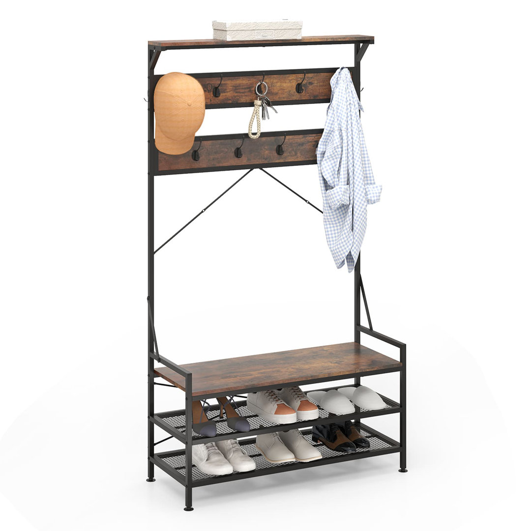 Coat Rack 4-In-1 Hall Tree with 11 Hanging Hooks & Shoe Bench