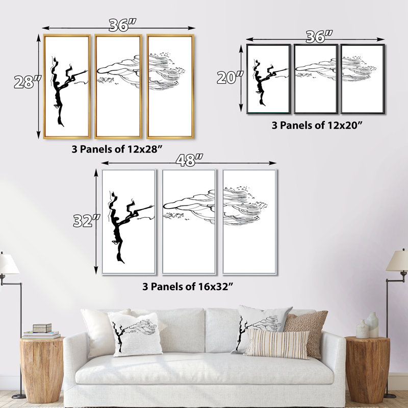 Arbres noirs et blancs I - ensemble d'art mural sur toile traditionnel encadré de 3, Cadre noir, H 28 po x l 36 po x P 1 po
