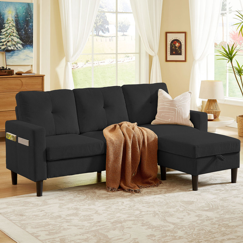 79.14" L Shaped Sofa with Storage Pockets and Reversable Storage Ottoman, Blue
