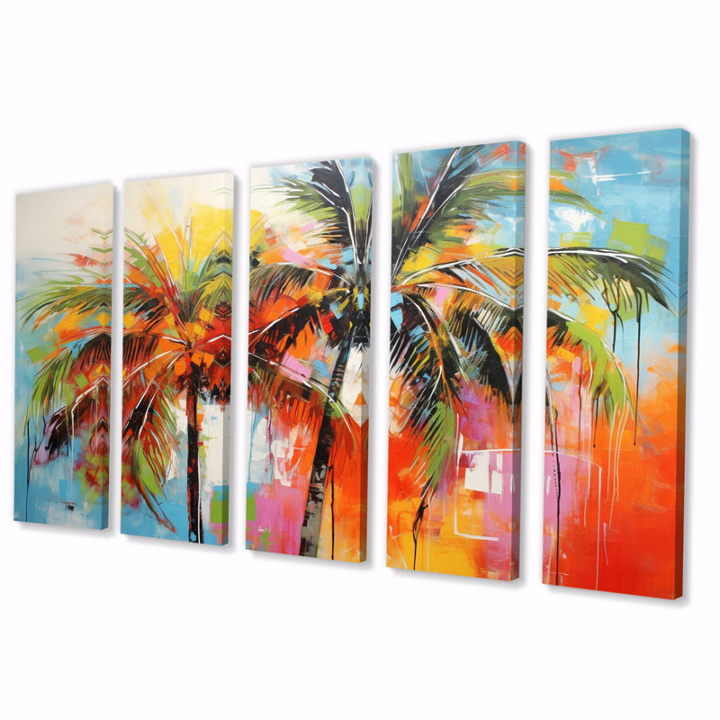 Popart Palm Trees I - impression sur toile de palmiers - 5 panneaux égaux