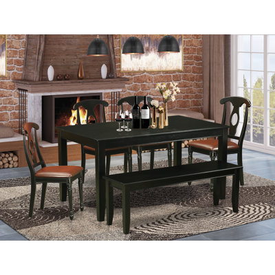 6 Piece Modern Dining Table Set Contains a Rectangle Wooden Table and 4 Faux Leather Dining Chairs with a Bench, Black