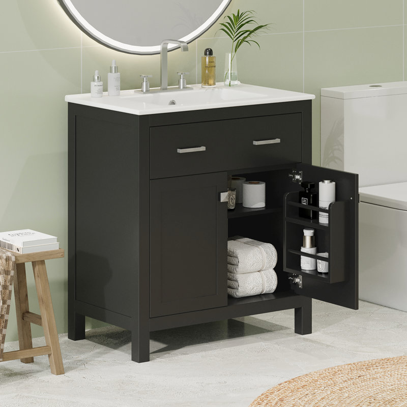 30" Bathroom Vanity With Ceramic Sink, Black Modern Design, 2 Doors And Shelf For Optimal Use Basin, Cabinet, Organization