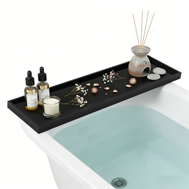 Plateau de baignoire noir en acrylique de 8 mm d'épaisseur, organisateur de rangement rectangulaire pour baignoire de salle de bain à domicile ou à l'hôtel.