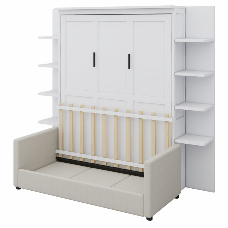 Armoire lit escamotable en bois avec tablettes de rangement et canapé, Blanc