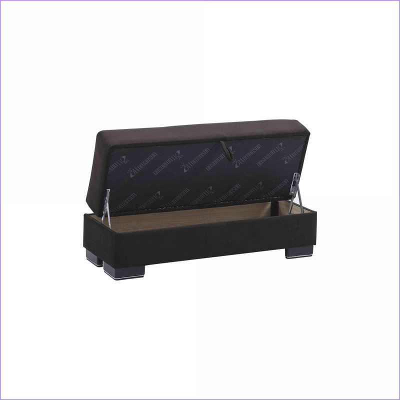 Repose-pieds avec rangement, microfibre noire, pieds modernes en bois brun noyer | Petits espaces