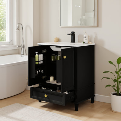 Meuble-lavabo 36 po Mid-Century avec capteur de mouvement et verre à motif, meuble-lavabo de ferme avec rangement, meuble-lavabo haut de gamme