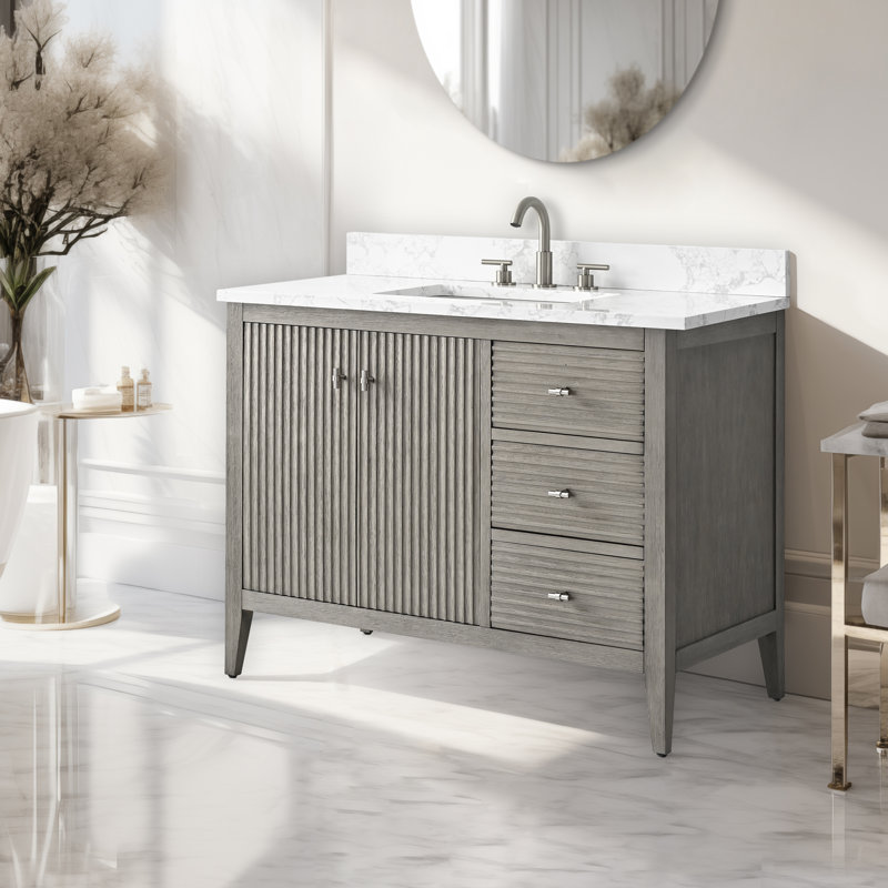 Laval 42" Single Sink Freestanding Bathroom Vanity with Engineered Marble Top, Brushed Nickel, Linear Driftwood Gray
