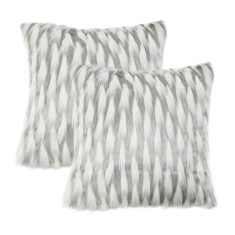 Gray and White Faux Fur Embroidered 20" Pillow Covers