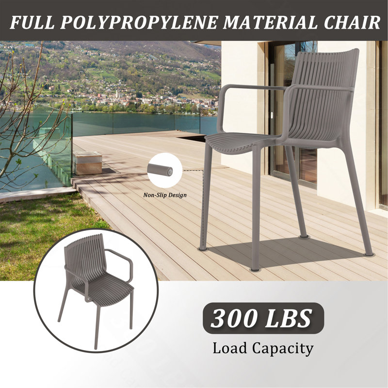 4pcs Modern Stackable Plastic Armchair for Indoor/Outdoor Use – Ergonomic Slatted Back Design, All-Weather Material, Warm Grey – Patio, Balcony, Cafe