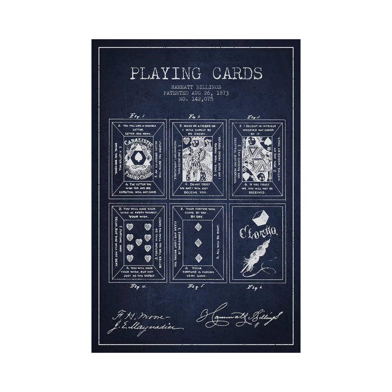Hammatt Billings Playing Cards Patent Sketch (Navy Blue) 1 Piece Wrapped Canvas Wall Art, 20.32 cm H x 30.48 cm W