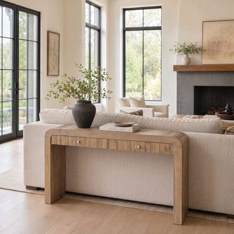 Rustic Charm Console Table With Fluted Drawer & Adjustable Legs - Perfect For Living Room Decor, Natural Wood