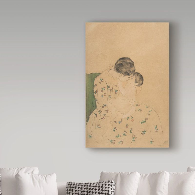 « mères baiser » par mary cassatt, reproduction de peinture à l’huile sur toile tendue, H 32 po x l 22 po x P 2 po