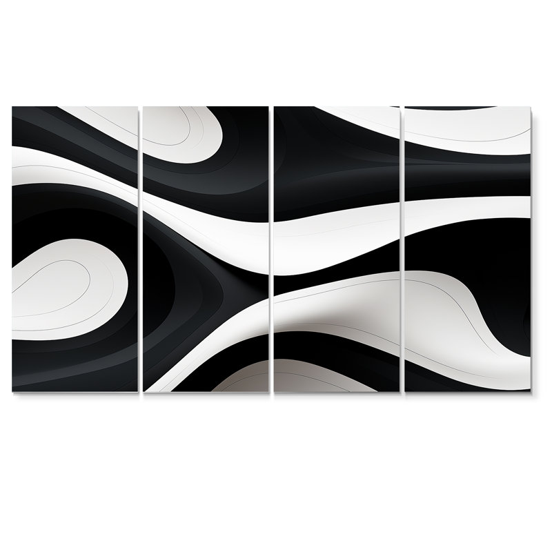 Orka Flows Minimal Black White - Waves, art mural sur toile, 4 pièces, H 32 po x l 64 po