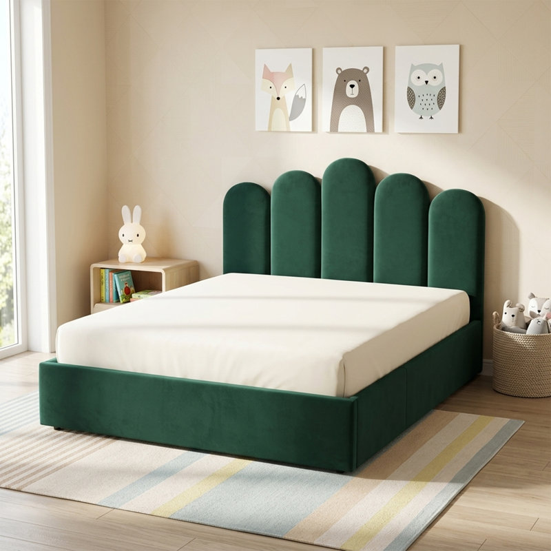 Lit plateforme tapissier Petal Palm, Double, Vert