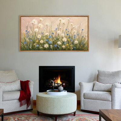 «Soft Wildflowers on Cream», art mural encadré, paysage panoramique naturel pour le salon, la chambre à coucher et le bureau