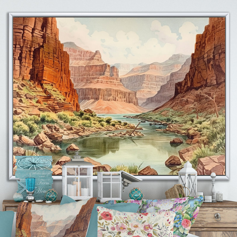 Paysage de canyon sur toile, Cadre flottant blanc, H 16 po x l 32 po x P 1 po