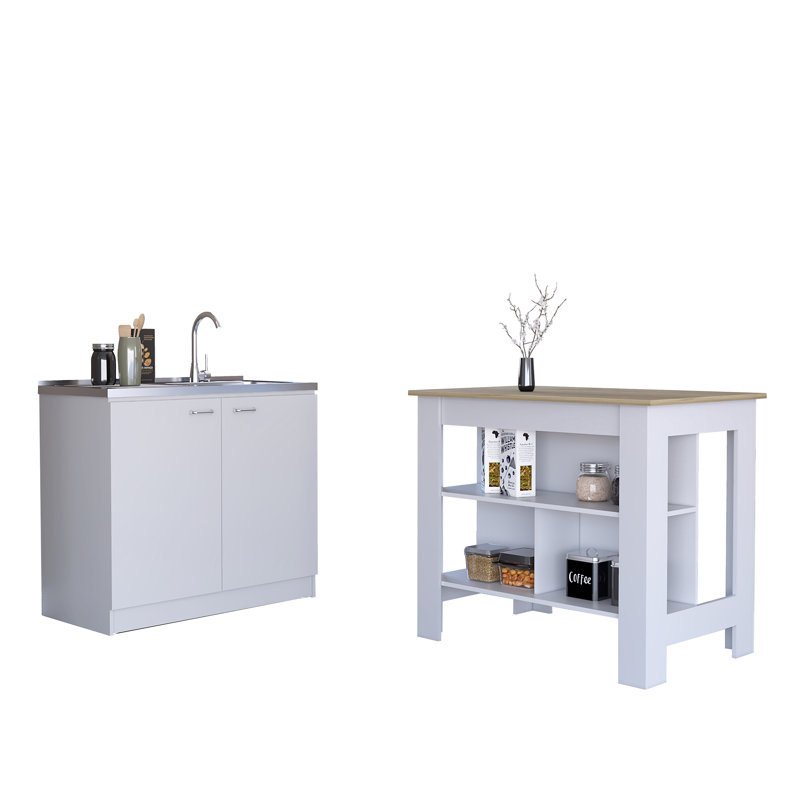 Arnesto 2 Piece Kitchen Set, Kitchen Island + Utility Sink Cabinet, White/Light Oak