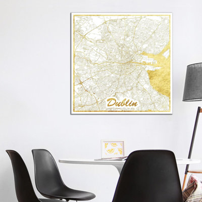 Dublin Gold Leaf Urban Blueprint Map 1 Piece Wrapped Canvas Wall Art