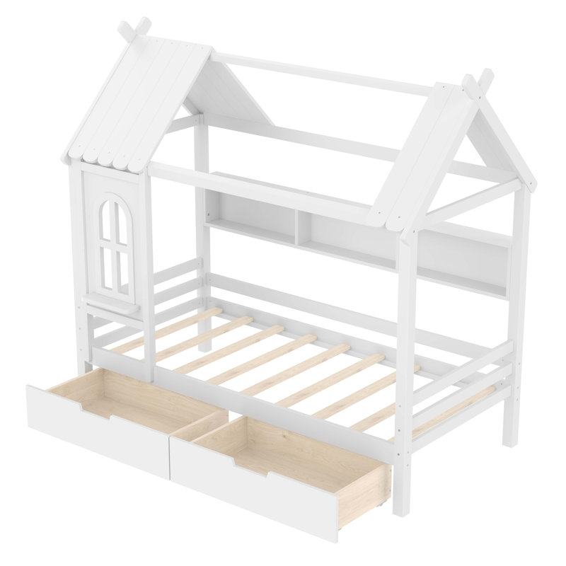 Lit plateforme simple avec tiroirs de rangement et fenêtre, structure en bois massif, conception enfantine pour enfants, sans sommier, blanc