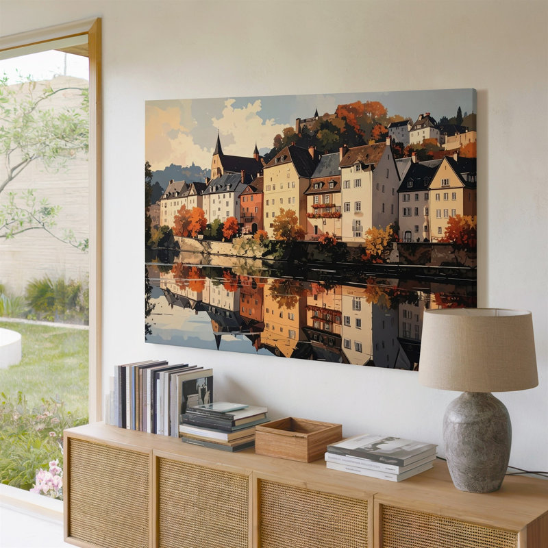Coucher de soleil, rivière, réflexion, village européen douillet, art mural sur toile, prêt à accrocher, galerie, décoration intérieure, conception moderne, qualité supérieure