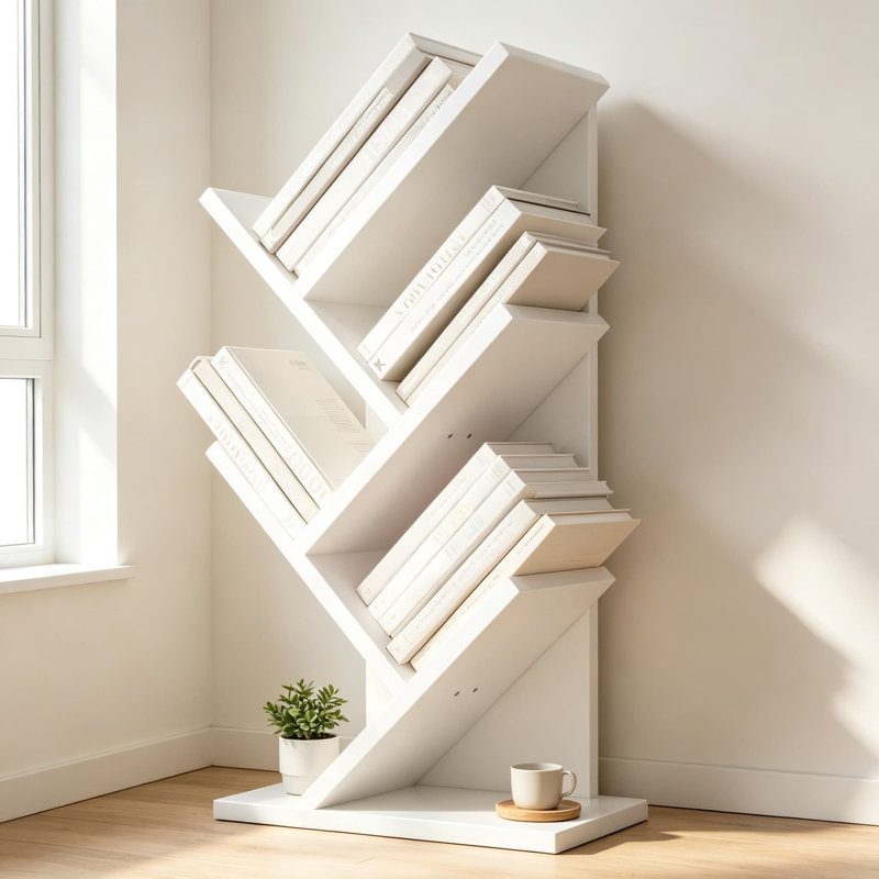 Bibliothèque moderne en forme d'arbre avec tablette ouverte pour salon, bureau, chambre, bibliothèque étroite en bois pour livres, films, CD, magazines et décoration