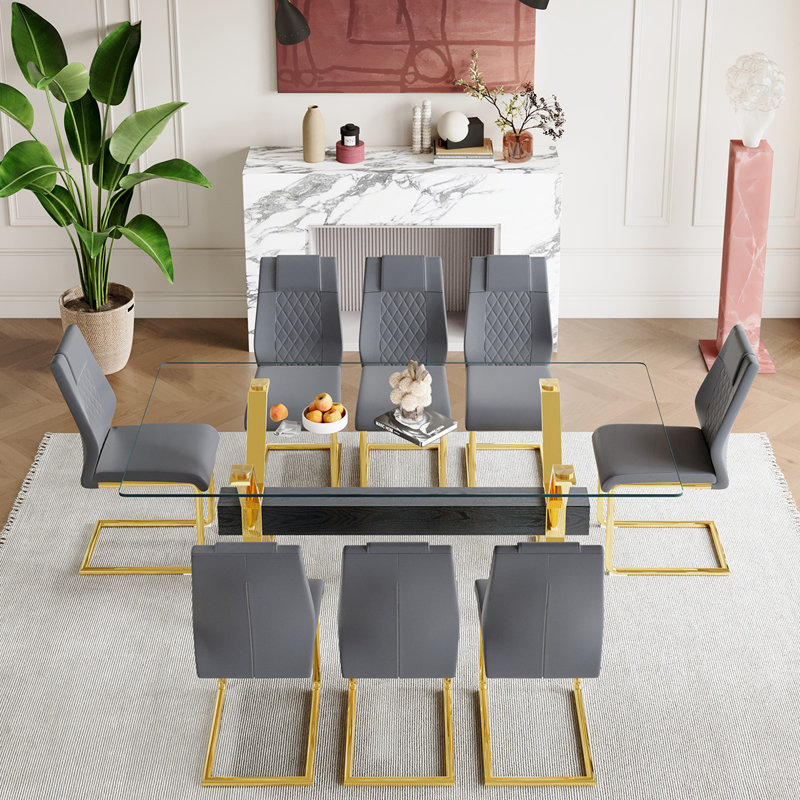7-Piece Glass Top Dining Table Sets, Gray/Gold, Gold