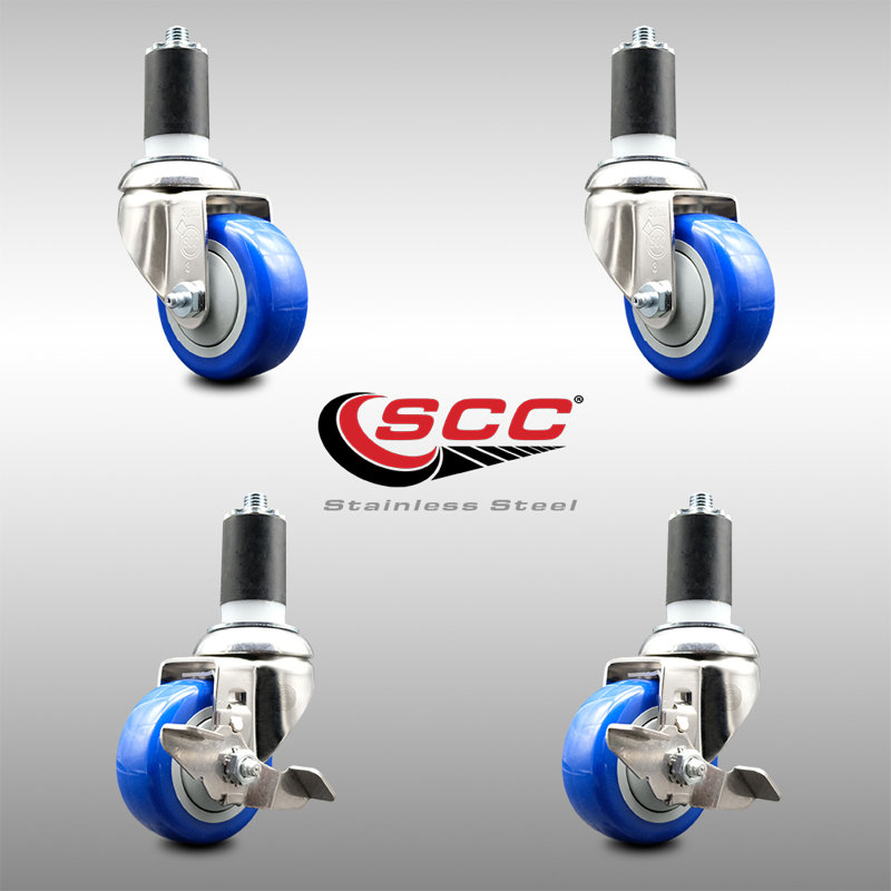 Ensemble de roulettes extensibles en polyuréthane pivotant 3 pouces 1 5/8 pouces et 3 freins SCC, Bleu