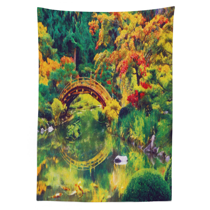 Country Tablecloth, Fairy Image Of A Japanese Garden With An Old Bridge The Lake Nature Print, Rectangular Table Cover For Dining Room Kitchen Decor, 52" X 70", Green Orange