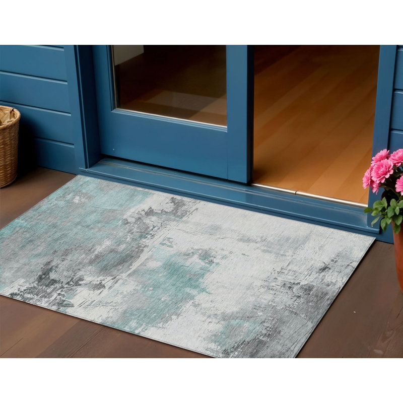 3' X 5' Teal Blue And Gray Abstract Washable Indoor Outdoor Area Rug