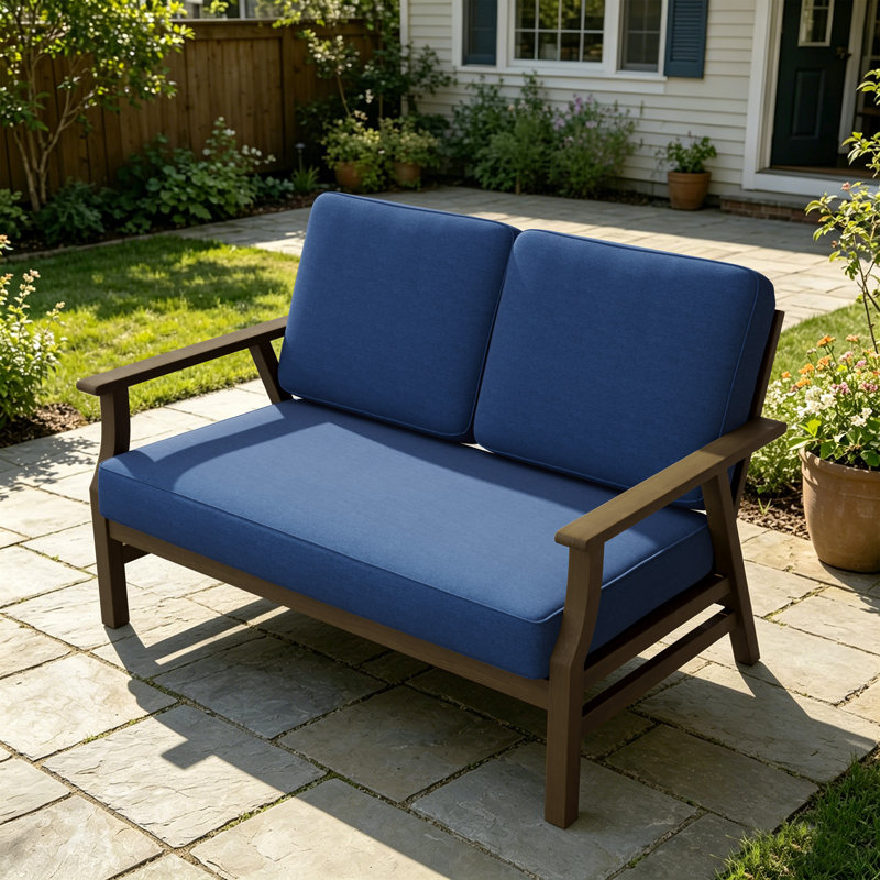 Causeuse d'extérieur en teck massif avec coussin et accoudoirs, Bleu marine, Brun