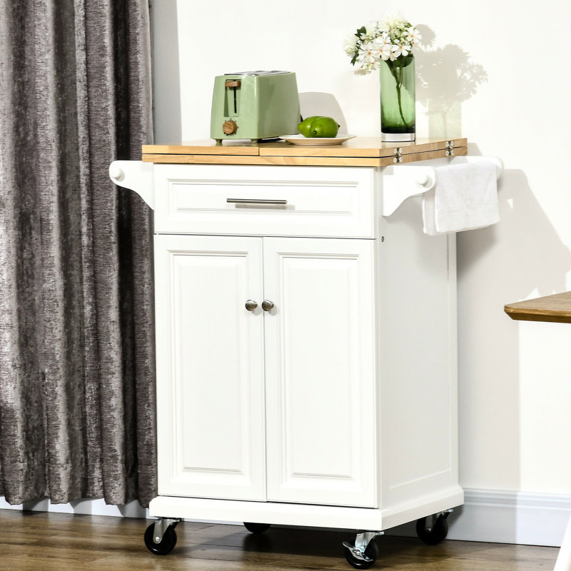 Îlot de cuisine mobile avec panneaux supérieurs pliants, tiroir, armoire, serviette, plateau en bois naturel, abattant blanc, chariot roulant, armoire à tiroirs,