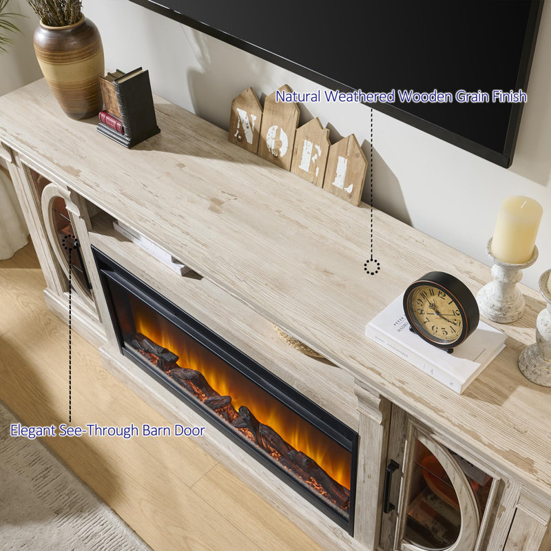 Meuble télé Crescent Fireplace, Blanc brossé ancien