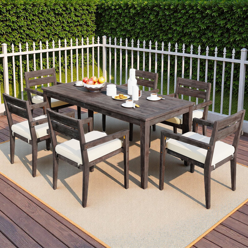 Ensemble repas 7 pièces pour l'extérieur, 1 grande table et 6 chaises empilables avec coussins et élément imperméable, Gris