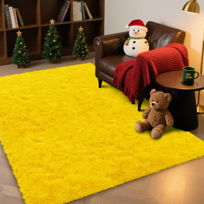 Yellow Plush Rug for Living Room, Area Rugs with 4 Stickers, Shag Rug for Bedroom, Upgrade Non Slip Backing, Ideal For High Traffic Areas Indoor, Pet-friendly