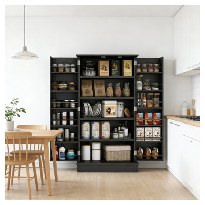 Modern Black Kitchen Pantry Cabinet with Storage Shelves, Particle Board and MDF Construction