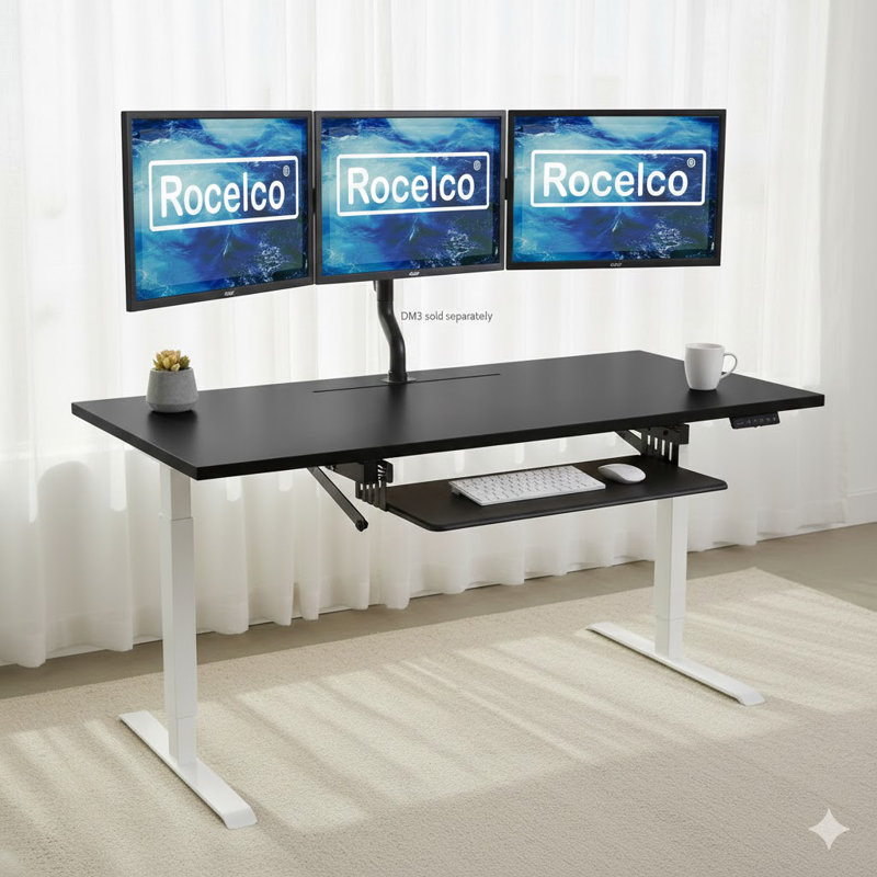 Rocelco 46 in. Black Height Adjustable Standing Desk Converter with Desktop AC USB Charger and Triple Monitor Riser Platform