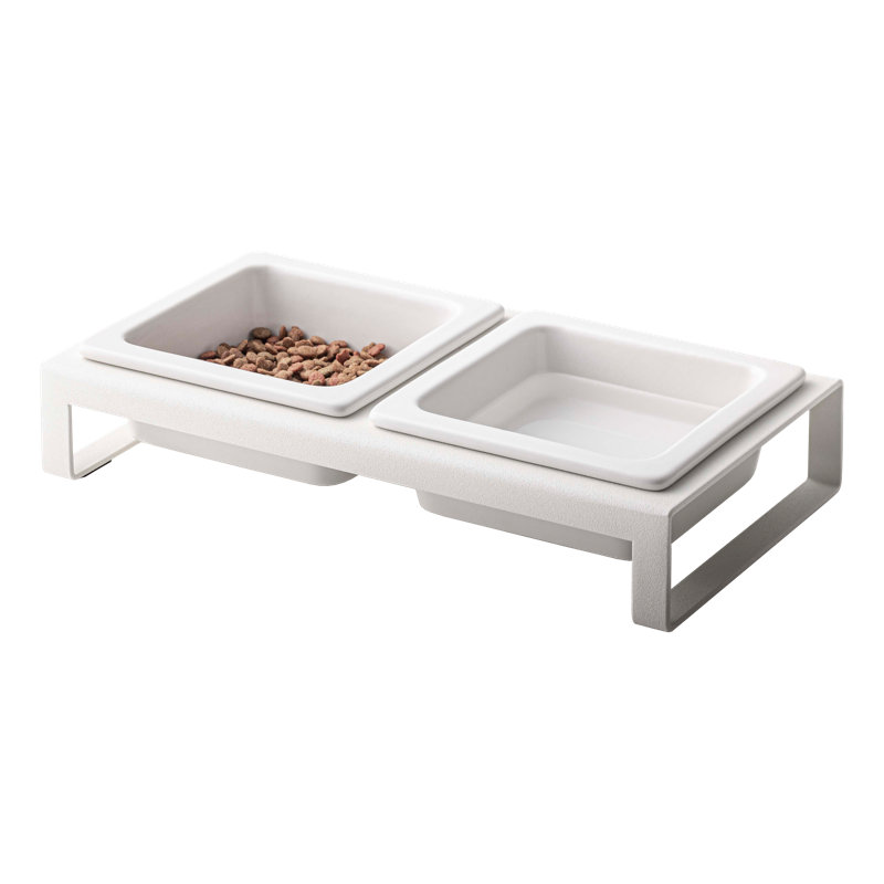 Yamazaki Home Steel And Ceramic Pet Food Stand, 2 Bowls For Food And Water, Short, 1.25 cups