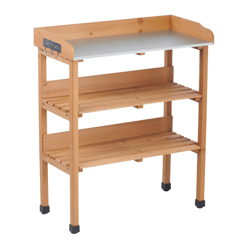 30″x14.5″×35.5″ Potting Table w/Metal Tabletop, 3 Layers Outdoor Work Bench w/Hook for Garden, Solid Wood Workstation for Garage