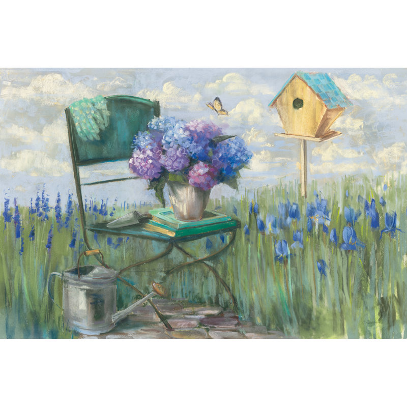 «Green Chair with Hydrangea» par Carol Rowan, reproduction d'art sur toile tendue, H 24 po x l 36 po