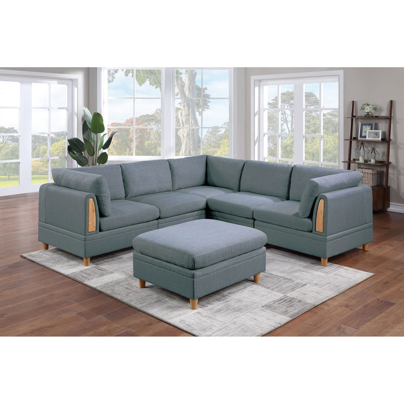 Salon moderne en tissu avec coin en coin et canapé contemporain en bois gris
