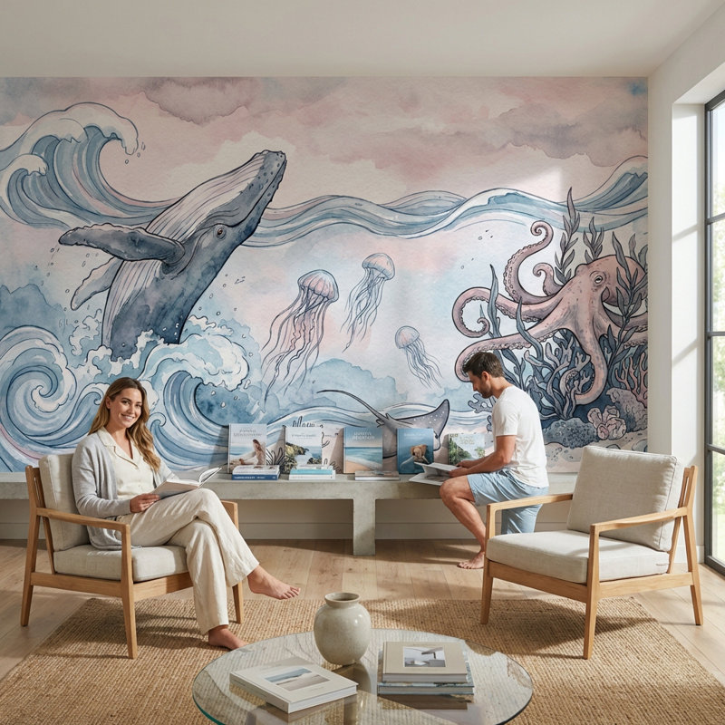 Murale de pieuvre sous-marine, 100 po x 96 po, Peler et coller